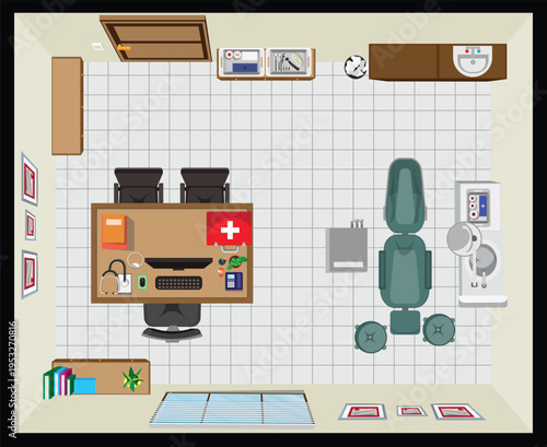 Modern Dentist Clinic Interior Design Office Space Top View with Furniture Hospital Vector