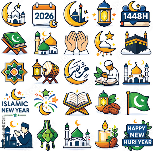 Islamic New Year 2026 and Hijri 1448 Icon Set with Religious Symbols