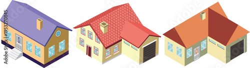 House Icons Isometric Three Houses With Roofs Chimney Door and Garage Residential Area Home Vector
