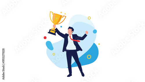 Victorious businessman in a formal suit holding a large golden trophy cup over an abstract blue and white background.