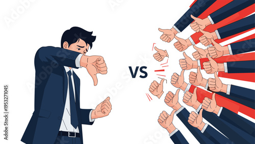 Distressed businessman giving a thumbs down while facing a crowd of many hands giving a positive thumbs up gesture.