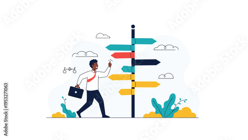 Businessman with a briefcase walking toward a multi directional signpost to choose his next career path or destination.