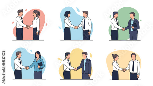 Collection of diverse business professionals in white shirts and suits shaking hands to confirm a successful partnership.