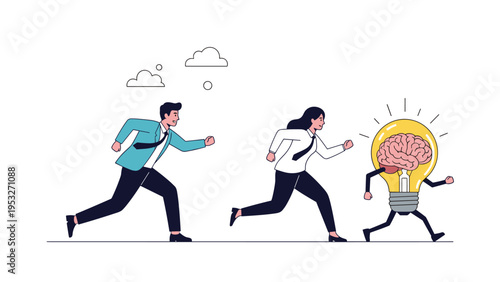 Male and female business professionals racing against a personified lightbulb with a visible brain to catch an idea.