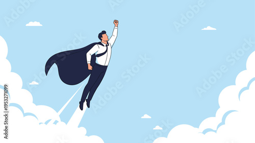 Flying superhero businessman wearing a cape soaring high above white clouds in a clear blue sky towards success.
