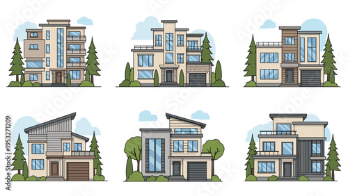 Architectural illustration of six modern luxury houses with different designs and materials surrounded by pine trees.