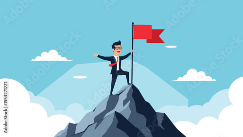 Successful entrepreneur standing on a high mountain peak holding a red flag to celebrate reaching the top of his career.