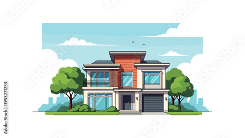 Modern two story residential home with large glass windows and a flat roof design surrounded by green trees and bushes.