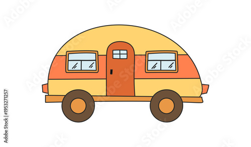Hand drawn camp car with adventure and cartoon graphic style as bright icon in color. Family tourist element for outdoor trip or travel concept, doodle format for journey and vacation themes.