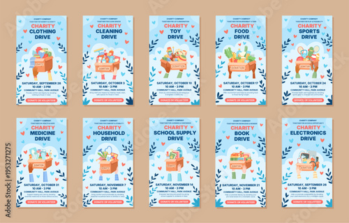 Collection of charity support box banner with flat style and soft light blue background. Community donate poster shows people care and philanthropy gift box icon as social media asset donation event