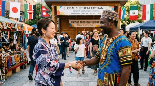 A woman in a kimono shaking hands with a man in a traditional African headdress at a cultural exchange event.