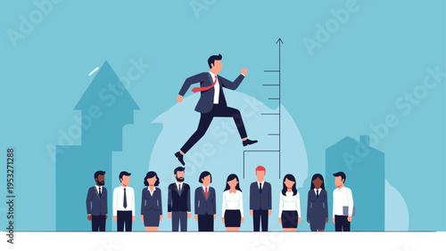 Ambitious businessman jumping over a row of office colleagues to reach the top of a rising career success arrow.