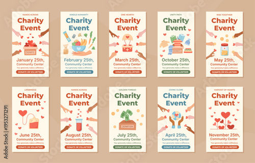 Charity event banner set in flat style. Community poster layout for people who donate and volunteer as support and help. Heart theme with donation message useful as template for social media
