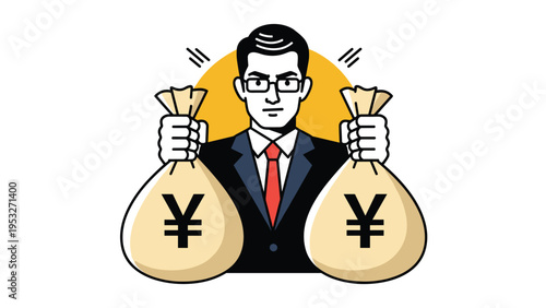 Determined businessman wearing glasses and suit holding two large bags of Japanese yen money in both hands with pride.