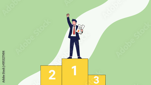 Victorious businessman standing on top of a winner podium holding a certificate of achievement with a green pathway behind.