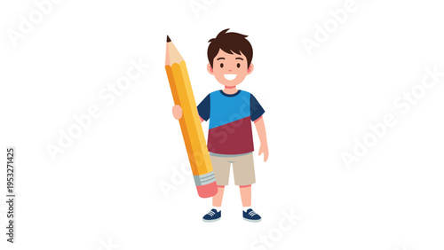 Happy young boy standing and holding a giant yellow pencil representing creativity and education on plain white background.