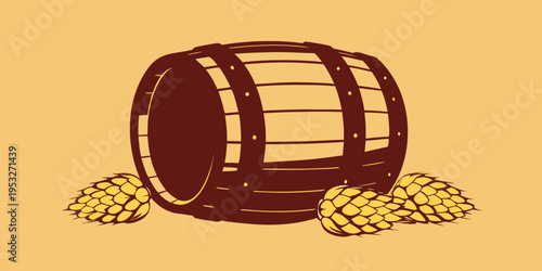 A dark brown wooden barrel with hops illustration on a tan background