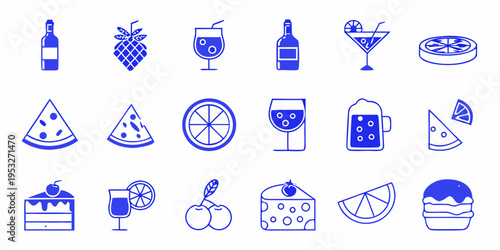 Collection of vibrant blue icons depicting various drinks and fruit slices