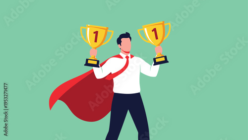 Superhero businessman wearing a red cape and holding two gold trophies as a winner for exceptional performance in work.