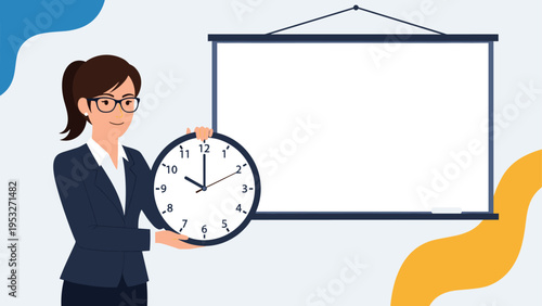 Smart business woman in glasses holding a wall clock next to a blank whiteboard for time management and presentation.