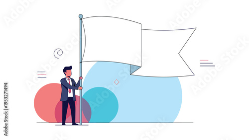 Professional businessman in formal suit holding a large white flag on an abstract colorful background for surrender or peace.