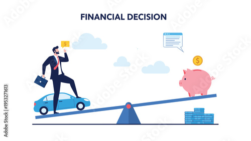 Businessman standing on a car while balancing it against a piggy bank and coins on a seesaw for financial decision making.