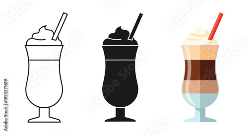 A vector graphic set showing three distinct styles of layered iced coffee beverage served in a tall stemmed glass