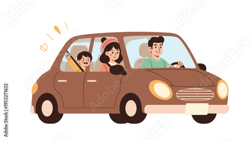 Happy family with a young child driving a brown car together on a road trip for summer vacation and travel adventure.