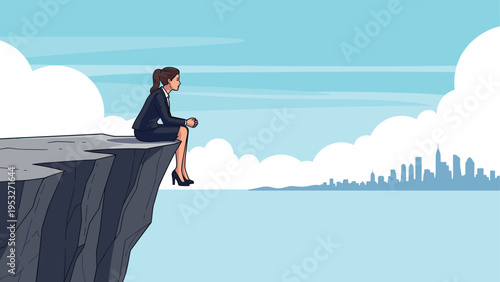 Thoughtful business woman in suit sitting on a high cliff edge looking at a distant city skyline under a cloudy sky.