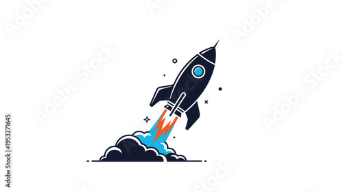Black and white space rocket launching into the sky with blue fire and smoke trail for startup and innovation concepts.