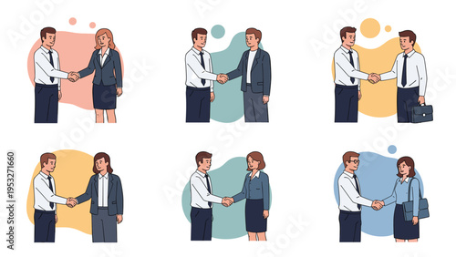 Set of various business people shaking hands in pairs for partnership and collaboration on colorful abstract backgrounds.