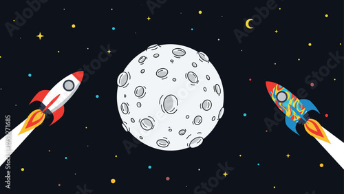 Two colorful spaceships flying around a cratered moon in dark space with stars representing competition and exploration.