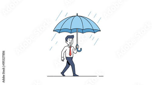 Cheerful businessman walking in the rain holding a large blue umbrella for protection and safety on a white background.