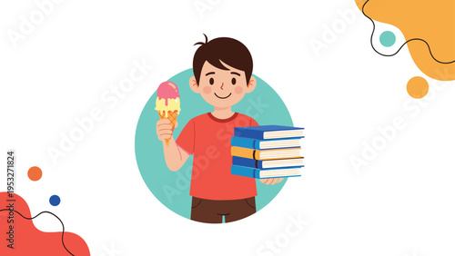 Young boy holding a delicious ice cream cone and a stack of school books on an abstract blue and orange background.