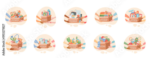 Help gift box set with hand and heart. Donation box with toy, book and cloth as care for children kid. Food goods in brown container as support for poor people community welfare