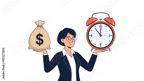 Professional business woman in suit balancing a large money bag and a red alarm clock in her hands for time management.