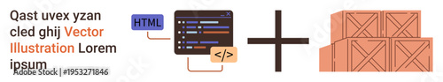 Web development, logistics, supply chain, e-commerce, coding, integration. a coding interface with HTML and crates beside a plus sign. Web development and logistics integration concept