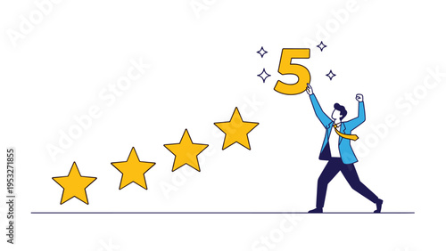 Successful businessman reaching up to place a number five next to four gold stars for a perfect rating and review.