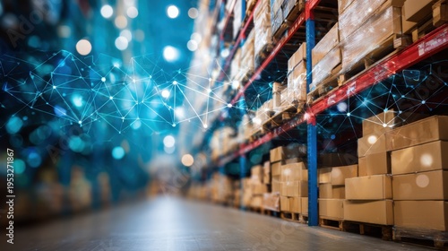 Warehouse inventory management event modern storage facility digital technology integration urban environment wide angle efficiency concepts