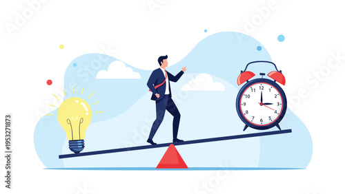 Businessman balancing on a see-saw with a glowing light bulb and an alarm clock representing work-life balance and time.