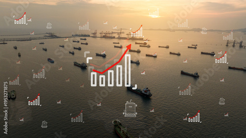 oil tanker navigating with rising financial graph chart. War oil price spike concept, energy fuel crisis, and geopolitical tension stock market impact. the Strait of Hormuz