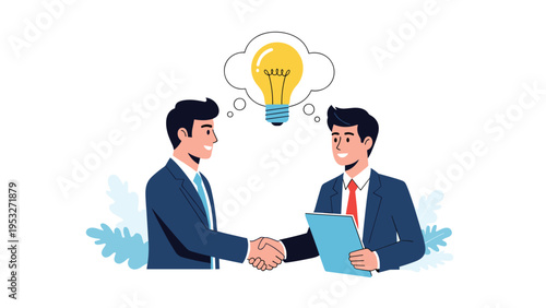 Two successful business partners shaking hands after coming up with a creative and innovative idea for their company.