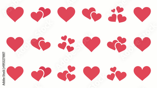 Various red heart icons arranged in rows symbolize love and affection in a simple grid design