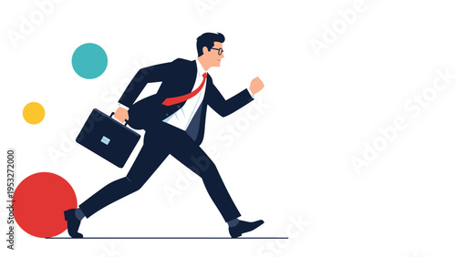 Energetic businessman running quickly with a briefcase against a white background with colorful decorative circles.