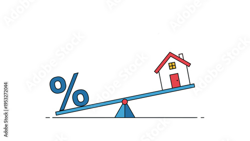 Conceptual illustration of a see-saw with a large percentage sign outweighing a house showing real estate costs.