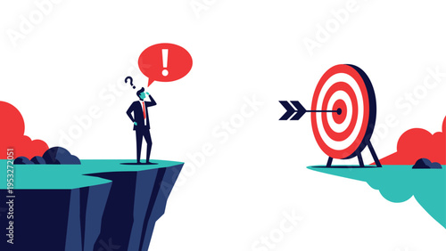 Uncertain businessman standing on a high cliff looking across a wide gap at a target board with a warning symbol.