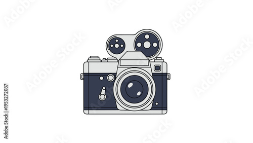 Detailed illustration of a vintage retro style film camera with an external flash and manual adjustment dials.