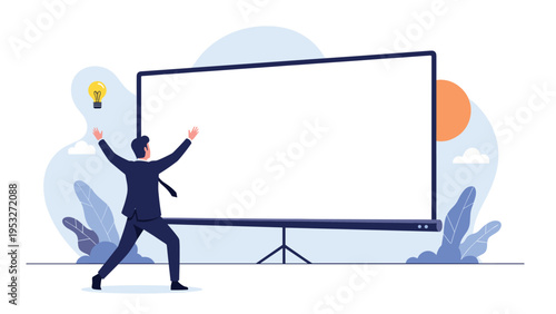 Businessman standing with his arms raised in triumph in front of a giant empty presentation screen in an office.