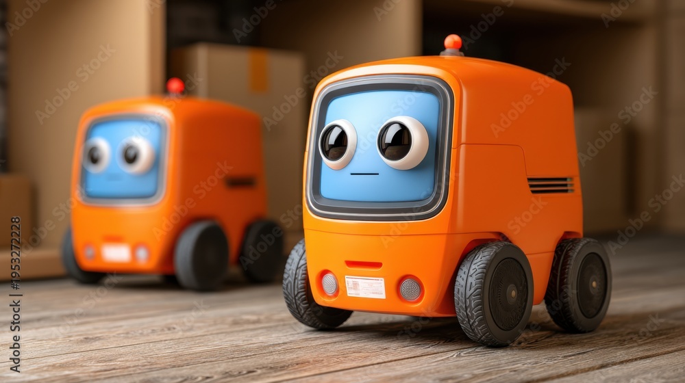 Naklejka premium Innovative robotics in action delivery bots in a warehouse environment fun and friendly automation showcase