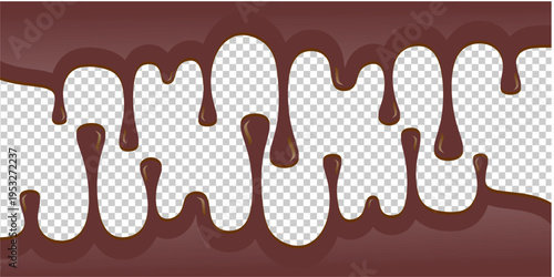 Hot chocolate drip illustration. Melting chocolate on transparent background. Drippy ice cream vector design. Wavy choco melt border. Brown chocolate drips illustration.